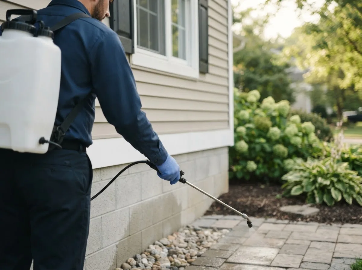 Pest control technician inspecting a home in Equinunk, PA